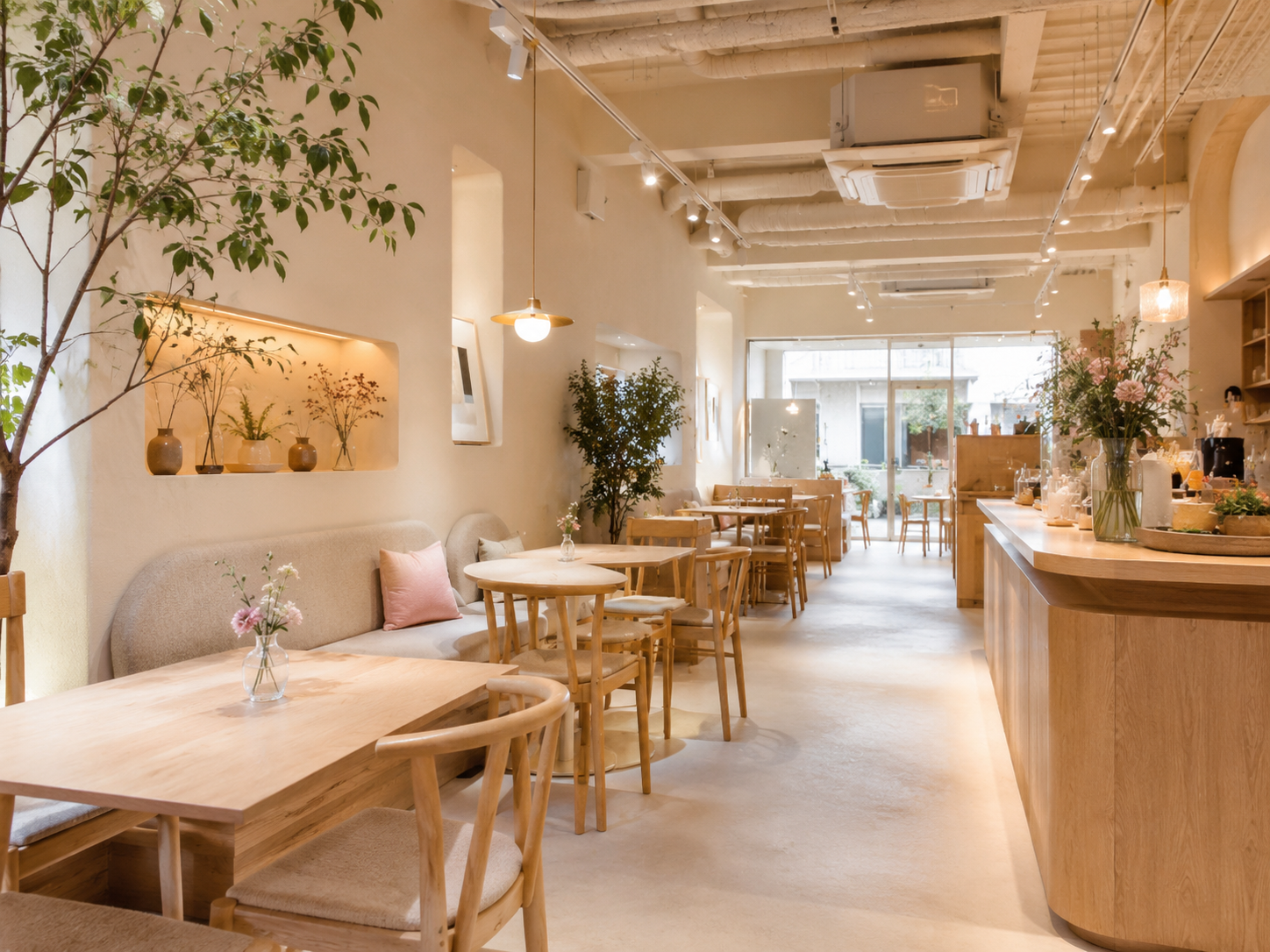 ナチュラルで明るいカフェ店内の写真